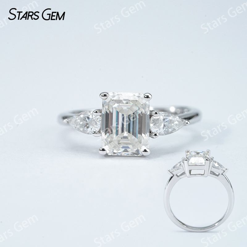 6×8mm Octagon Emerald Cut Moissanite S925 Sterling Silver Three Stone Engagement Ring