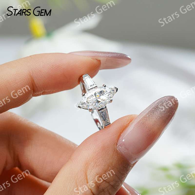 6×12mm Marquise Cut Moissanite S925 Sterling Silver Three Stone Engagement Ring
