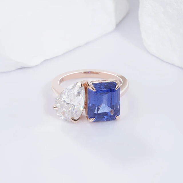 Toi Et Moi 14K Soild Gold Lab Sapphire And Moissanite Ring
