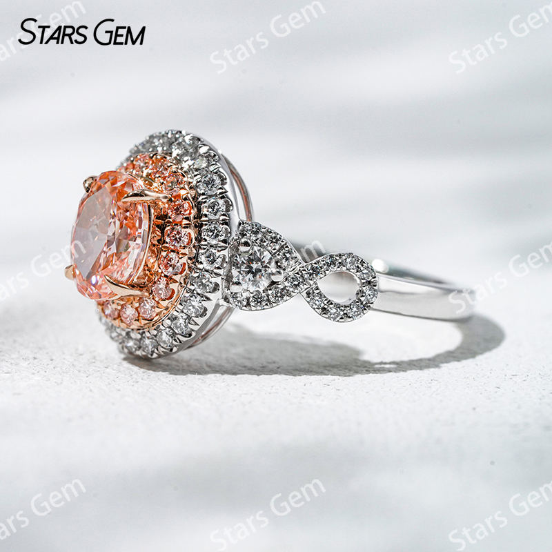 7.39×5.54mm Oval Cut Pink Lab Grown Diamond 18K White Gold Halo Engagement Ring