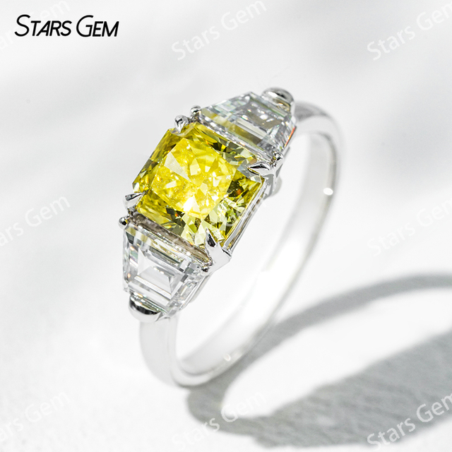 6.4×6.8mm Radiant Cut Yellow Lab Grown Diamond 18K White Gold Three Stone Engagement Ring