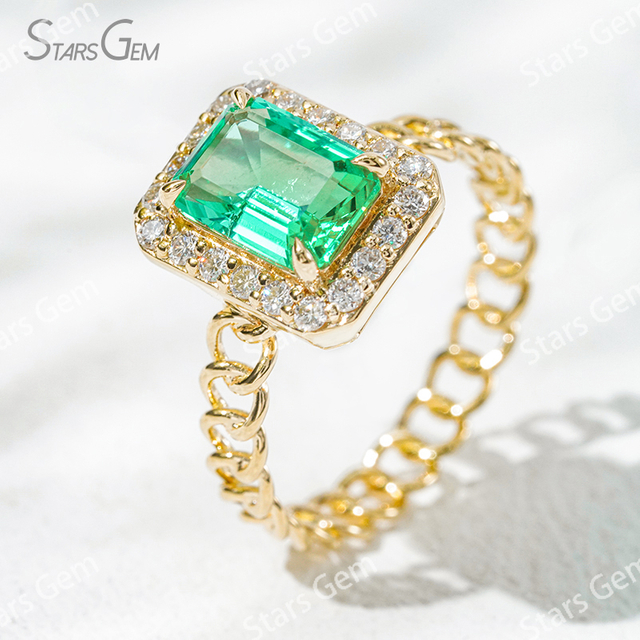 6×8mm Octagon Emerald Cut Lab Grown Emerald 18K Yellow Gold Halo Engagement Ring