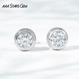 5mm & 6.5mm Round Brilliant Cut Moissanite Bezel Set S925 Sterling Silver Stud Earrings