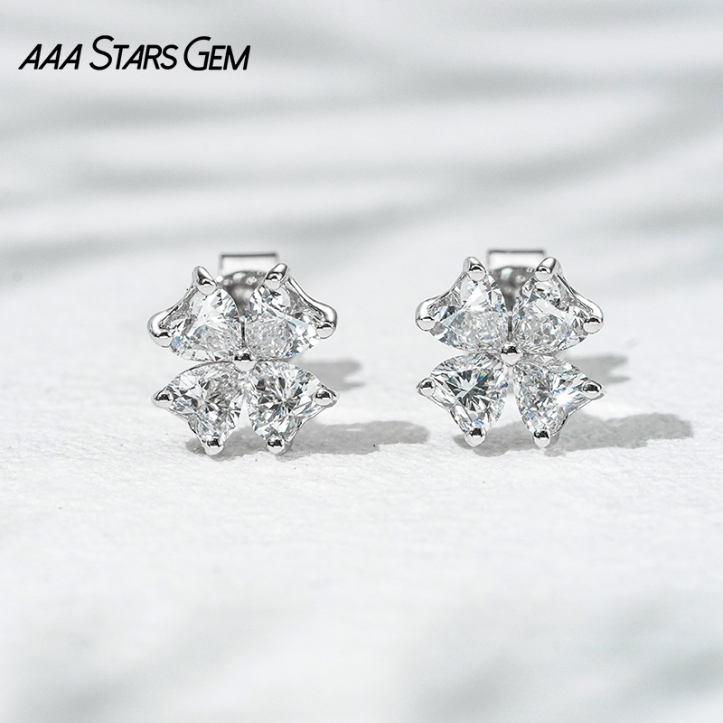 AAAStarsgem 3×3mm Heart Cut Lab Grown Diamond Four Leaves Clover Shape 18K White Gold Diamond Stud Earrings