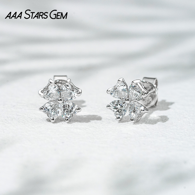 AAAStarsgem 3×3mm Heart Cut Lab Grown Diamond Four Leaves Clover Shape 18K White Gold Diamond Stud Earrings