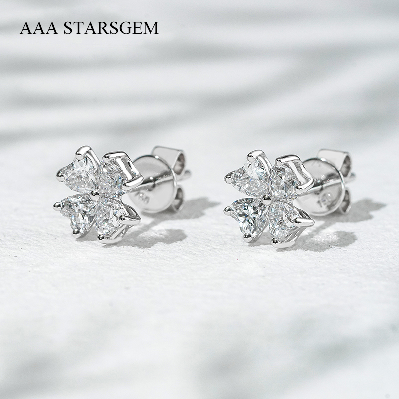 AAAStarsgem 3×3mm Heart Cut Lab Grown Diamond Four Leaves Clover Shape 18K White Gold Diamond Stud Earrings