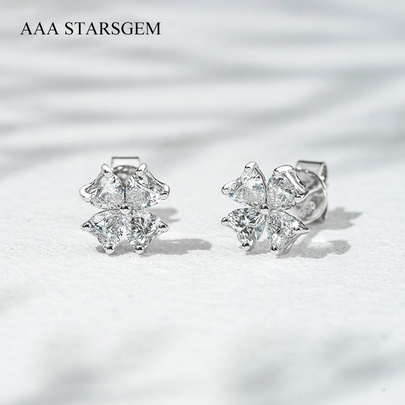 AAAStarsgem 3×3mm Heart Cut Lab Grown Diamond Four Leaves Clover Shape 18K White Gold Diamond Stud Earrings