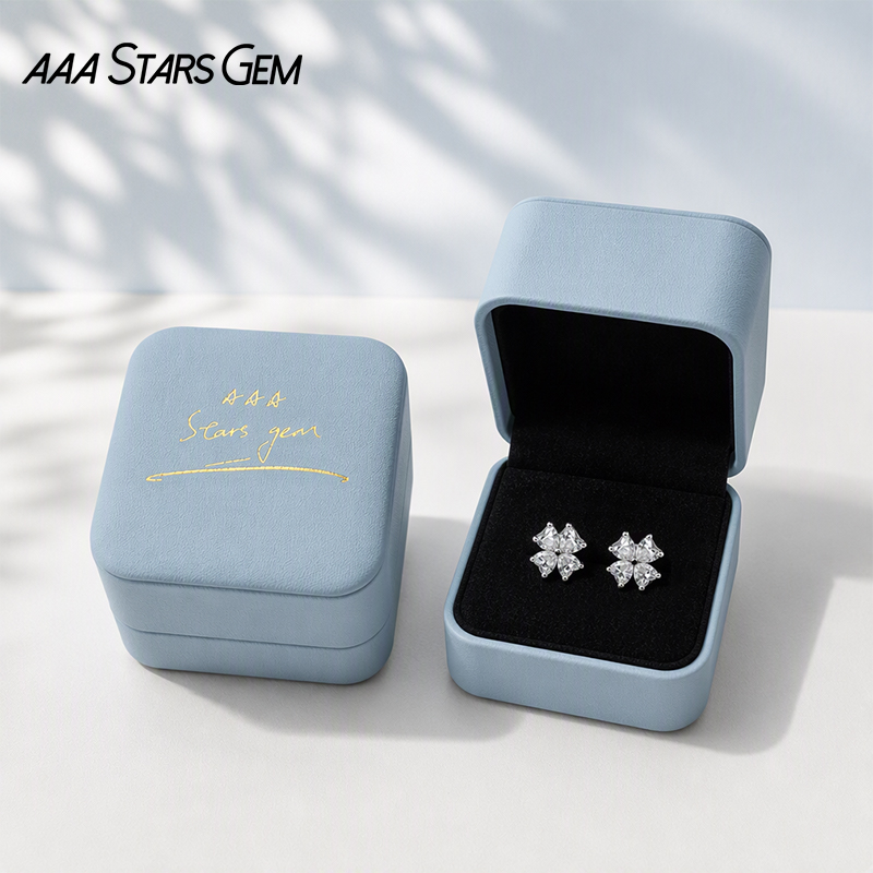 AAAStarsgem 3×3mm Heart Cut Lab Grown Diamond Four Leaves Clover Shape 18K White Gold Diamond Stud Earrings