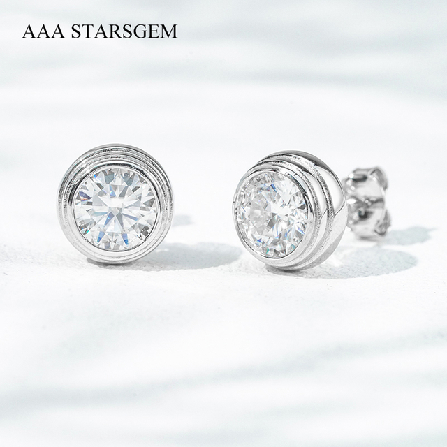 5mm & 6.5mm Round Brilliant Cut Moissanite Bezel Set S925 Sterling Silver Stud Earrings